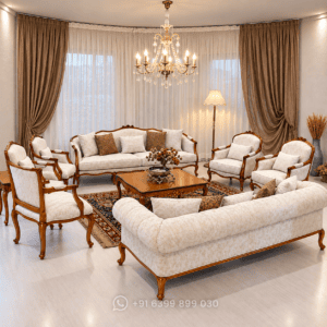 Classic Wooden Sofa Set with Cream Upholstery