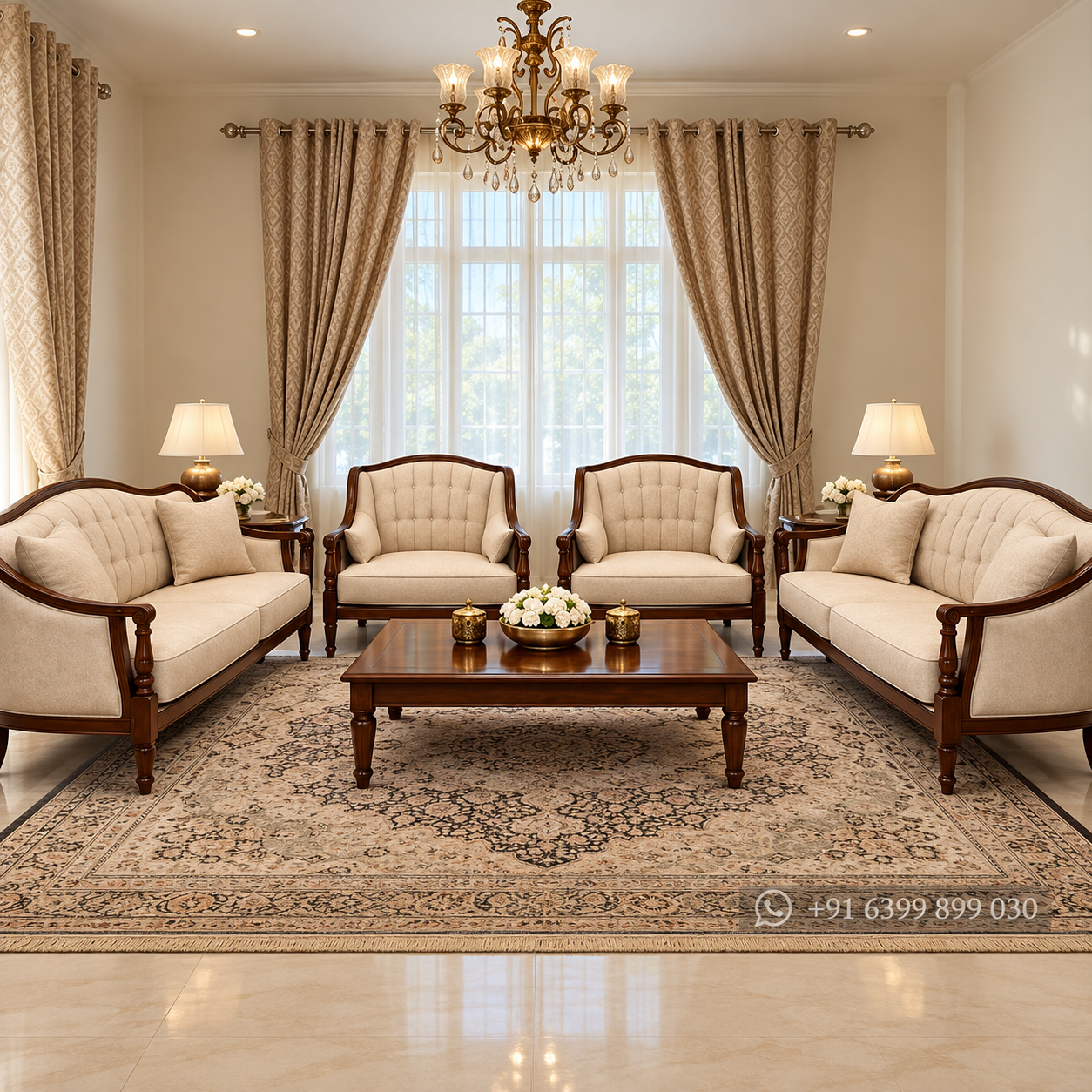 Wooden Sofa Set with Premium Fabric Upholstery