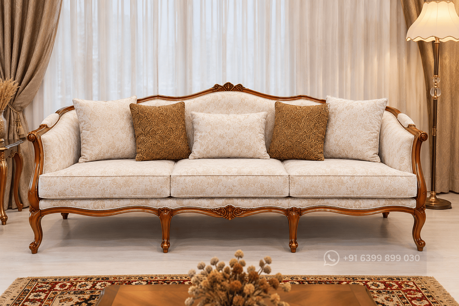 Classic Wooden Sofa Set with Cream Upholstery