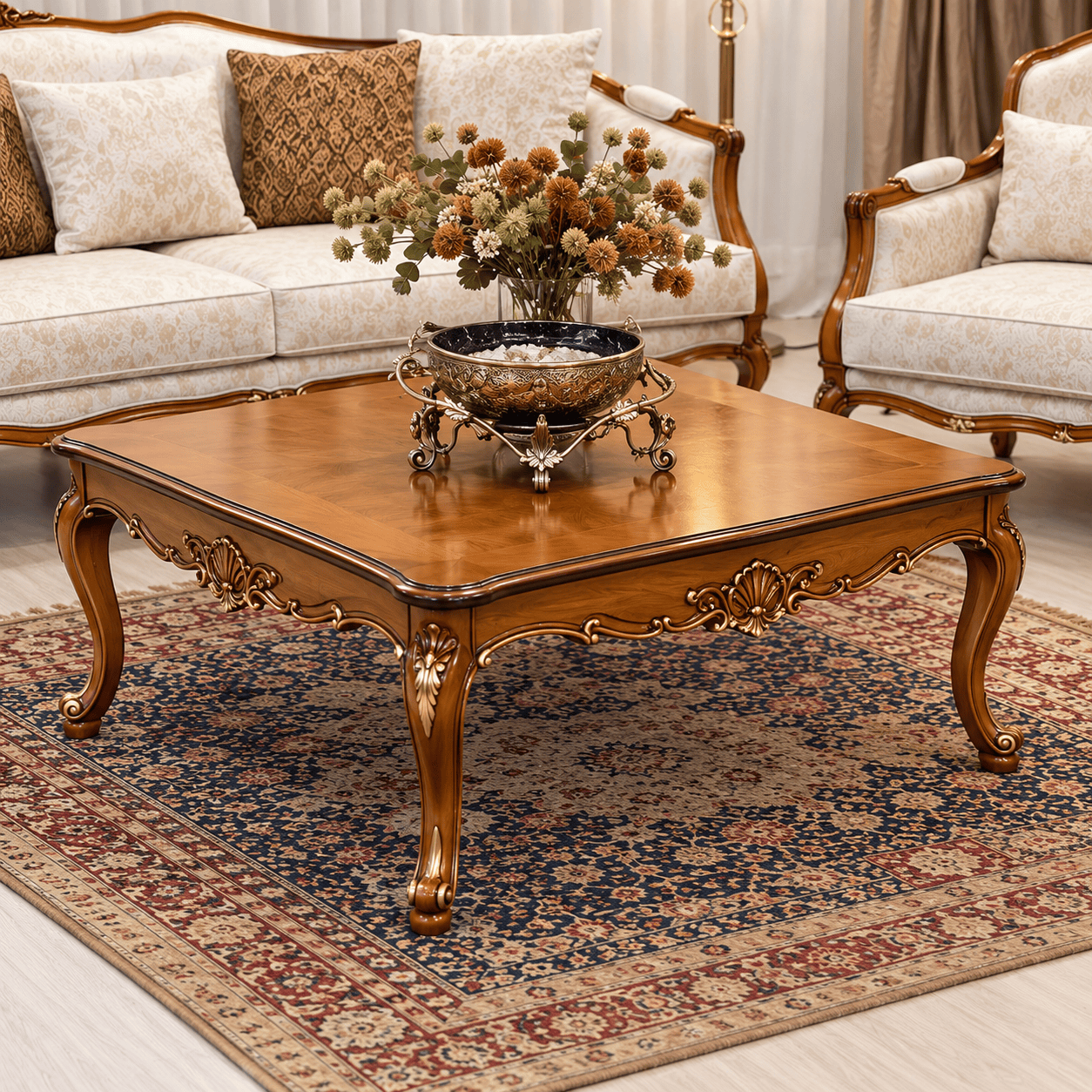 Classic Wooden Sofa Set with Cream Upholstery