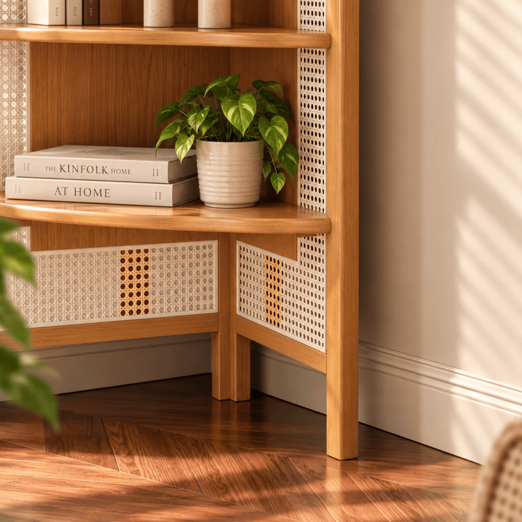 Modern Wooden Space Saving Cane Corner Shelf