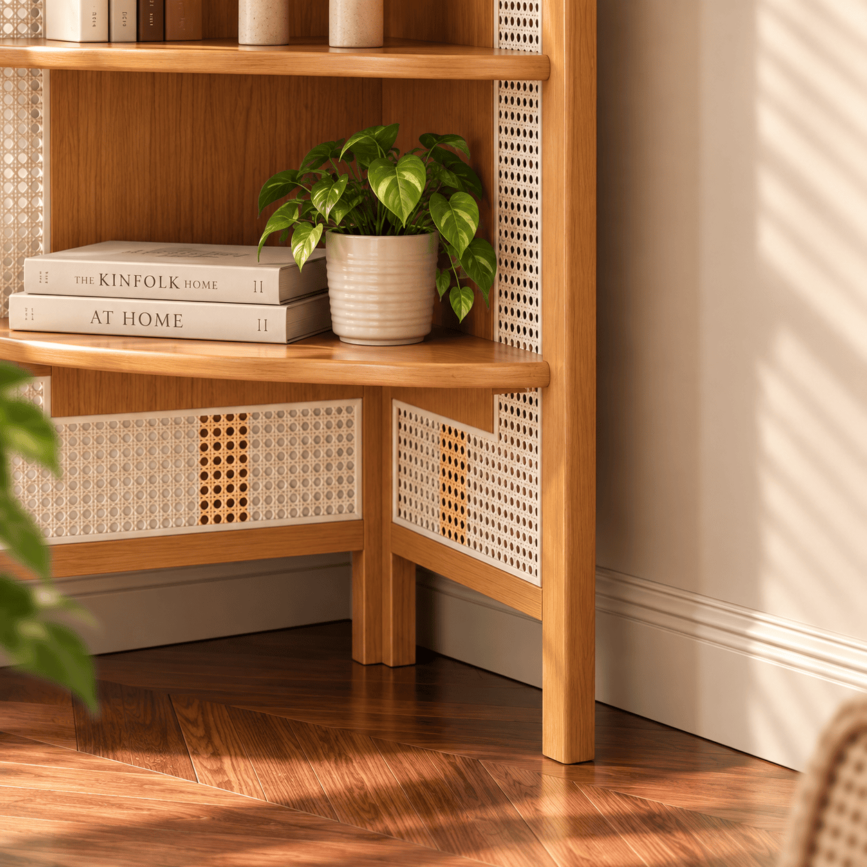 Modern Wooden Space Saving Cane Corner Shelf