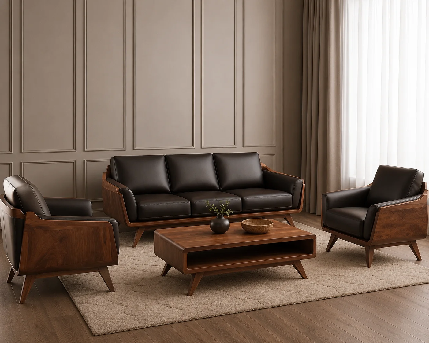 Modern Walnut Wooden Sofa Set