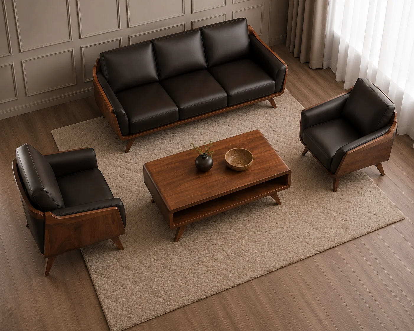 Modern Walnut Wooden Sofa Set