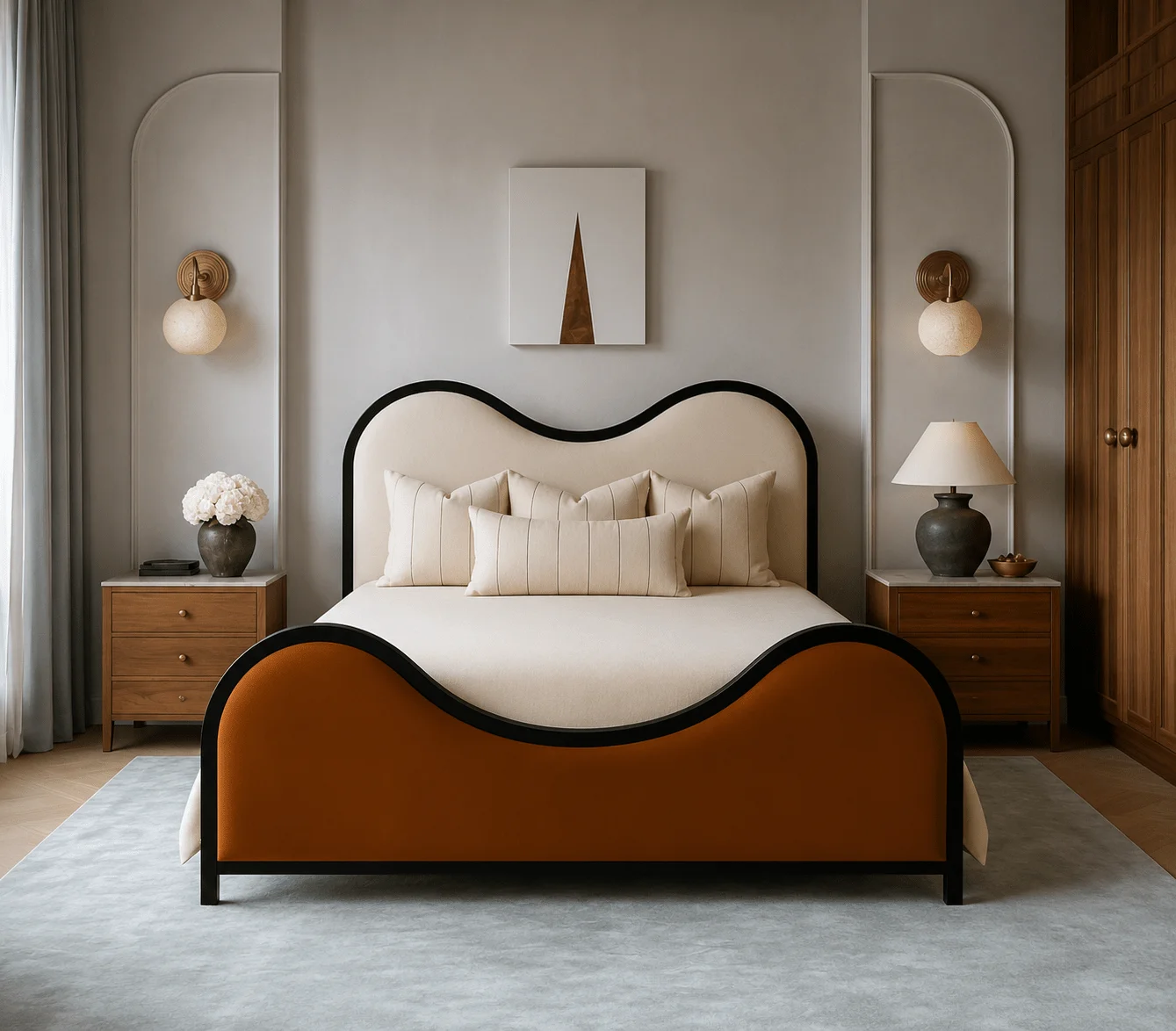 Wave Luxe Upholstered Wooden Bed