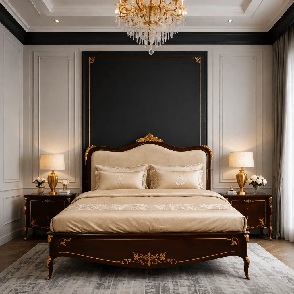 Luxury Royal Teakwood Bed with Gold Accents