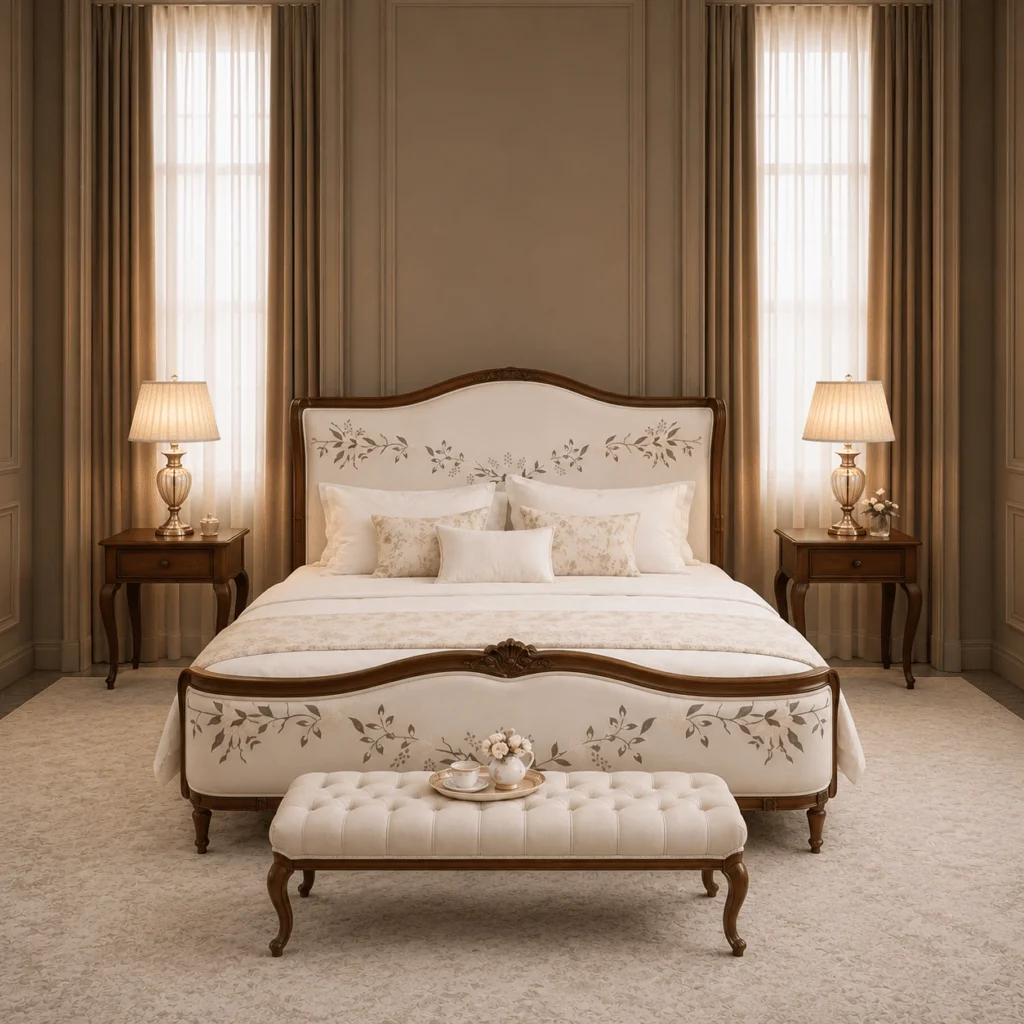 Luxury Floral Upholstered Teakwood Bed Luxury Floral Upholstered Teakwood Bed